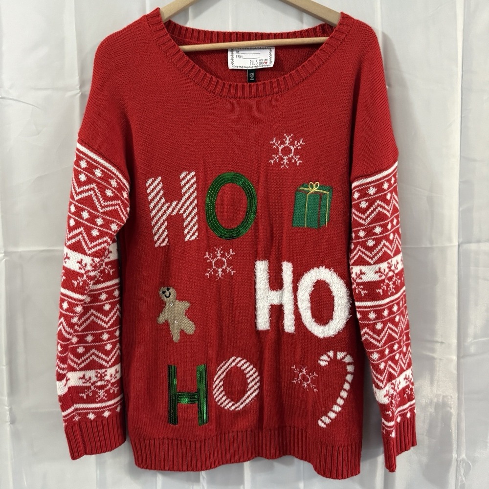 Ho Ho Ho Womens 2X Ugly Christmas Sweater Red Sequins Holiday With Love Derek